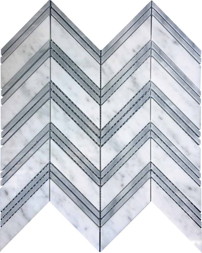 11x12 Gray and White Chevron Carrara Marble Mosaic Tile