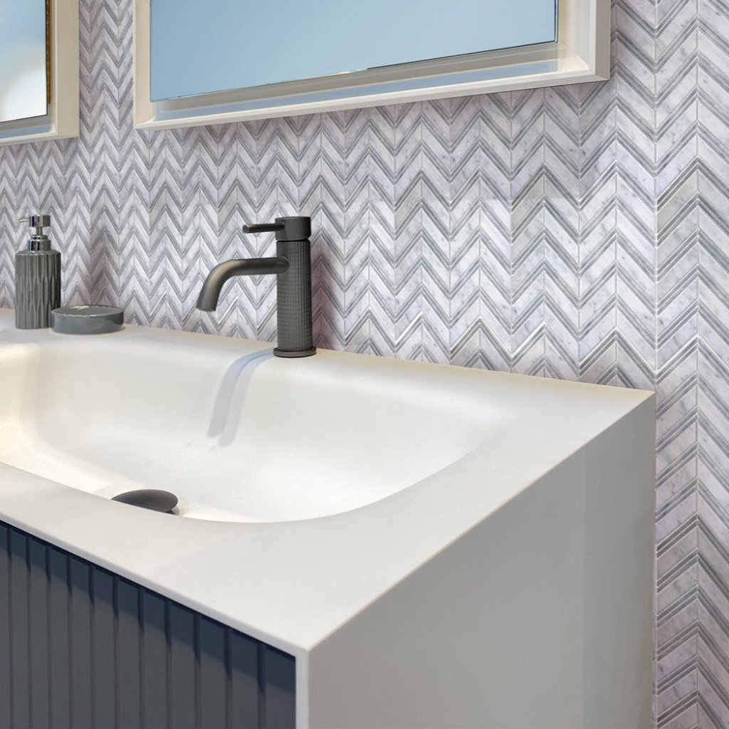 Gray White 11x12 Polished Herringbone Marble Mosaic Tile (5 pack, 4.51 sq ft/case) - Sample