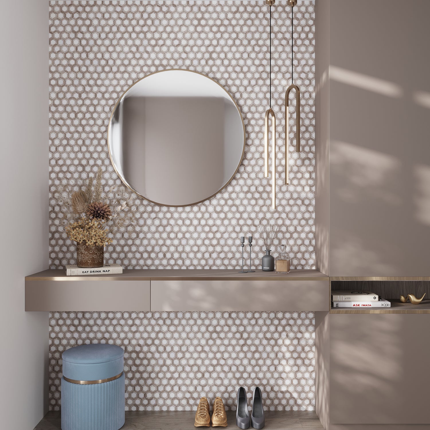 Wooden Beige Eastern White 10x11 Polished Hexagon Marble Mosaic Tile (5 pack, 4.19 sq ft/case)