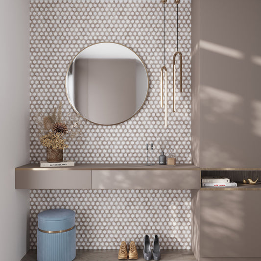 Wooden Beige Eastern White 10x11 Polished Hexagon Marble Mosaic Tile (5 pack, 4.19 sq ft/case)