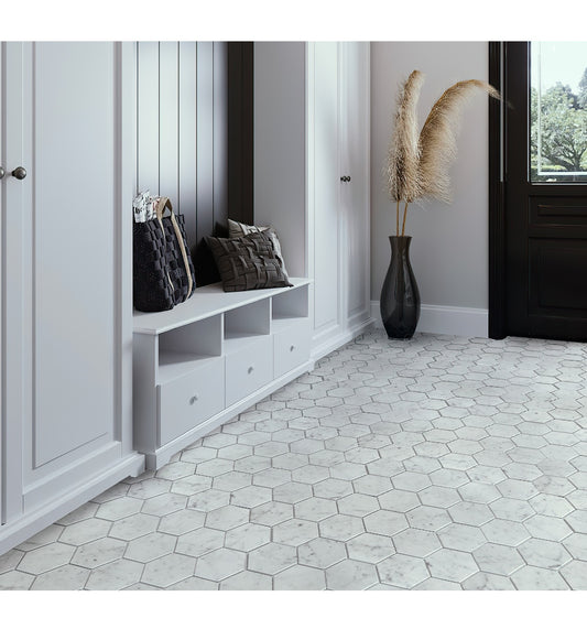 white honed marble hexagon mosaic tile flooring in modern entryway