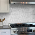 White polished Eastern marble mosaic tile backsplash with striped rectangular pattern in kitchen setting
