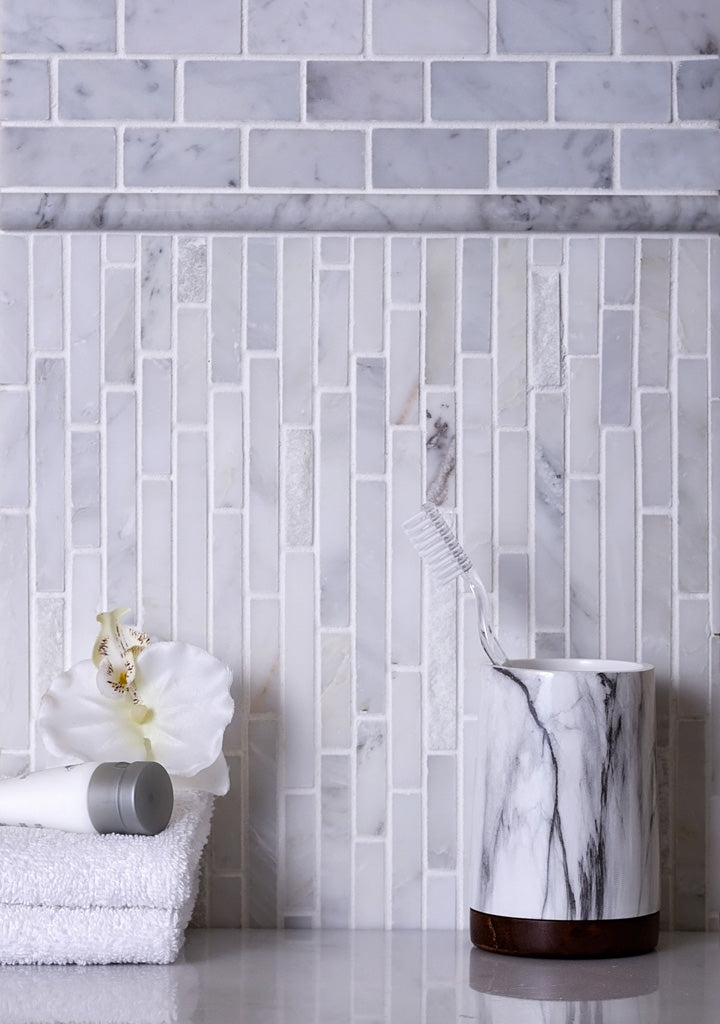 White 12x12 Polished Split Face Brick Marble Mosaic Tile (5 pack, 4.83 sq ft/case) - Sample