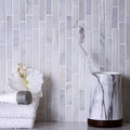White polished marble linear mosaic tile backsplash with split-face texture, ideal for bathroom or kitchen walls