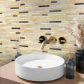 Beige polished split face marble mosaic tile with rectangular brick pattern on bathroom wall