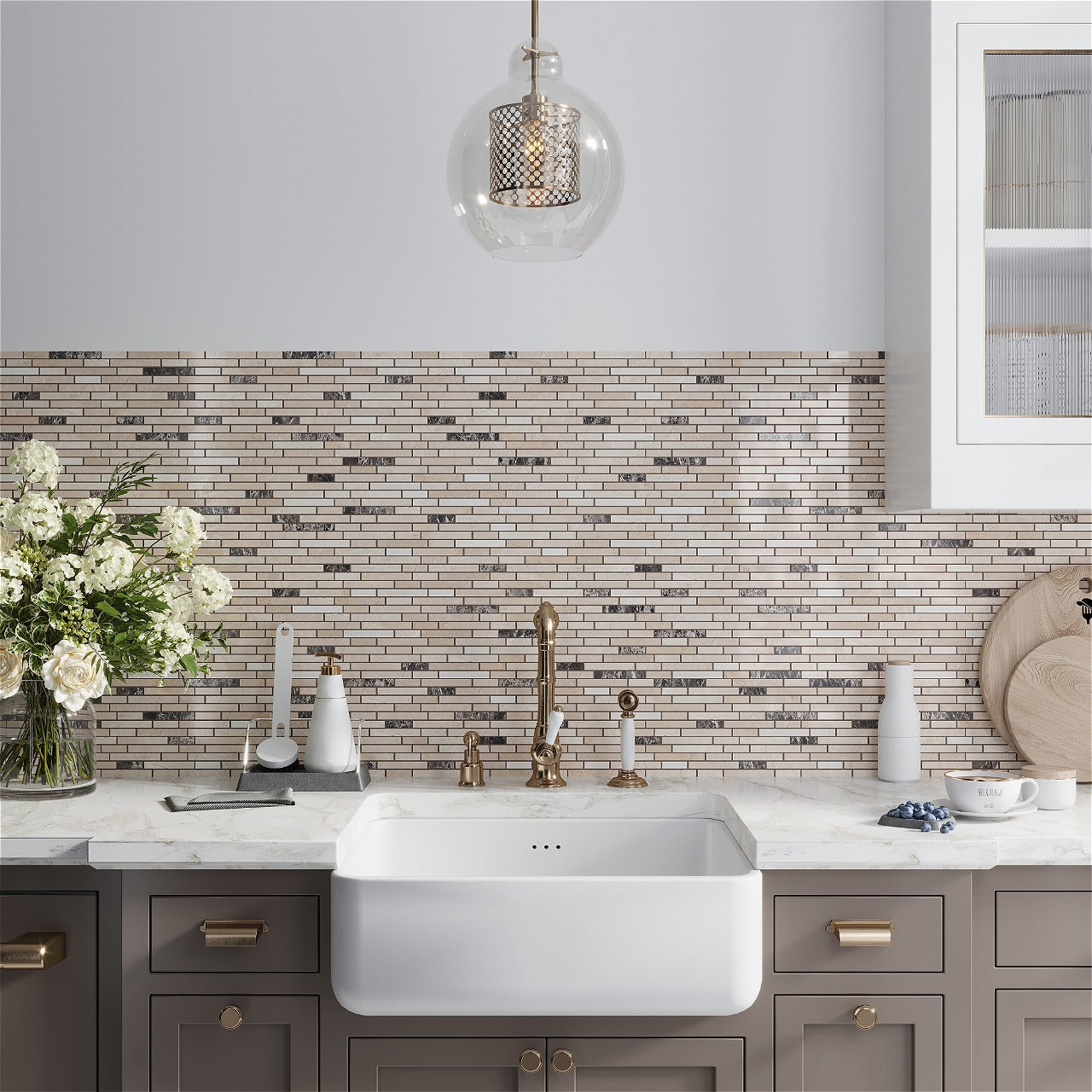 Beige 12x12 Polished Split Face Brick Crema Marfil, Emperador Dark Marble Mosaic Tile (5 pack, 4.83 sq ft/case)