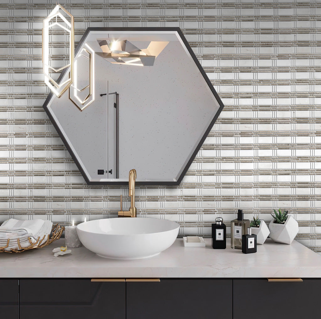 White 12x12 Polished Brick Marble Mosaic Tile (5 pack, 5 sq ft/case) - Sample