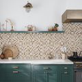 Beige and taupe 12x12 foiled textured stone mosaic tile backsplash with square chips in kitchen wall