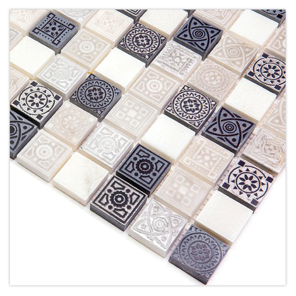 Artisana 12 in. x 12 in. Foiled Textured Bold Black and Ivory White Stone Mosaic Square Wall and Floor Tile (5 sq ft/case) - 5 Pack