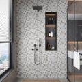 Cream and earthy toned 12x12 foiled textured stone mosaic tile on bathroom shower wall