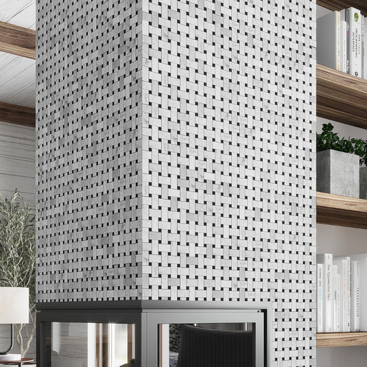 Polished 12x12 Bianco Carrara and Eastern Black marble basketweave mosaic tile with white and black pattern