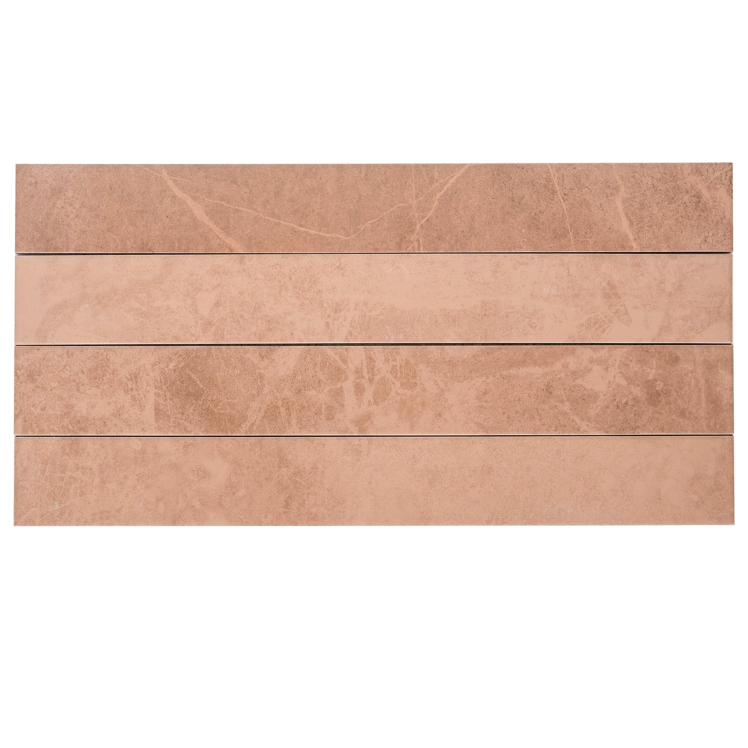 Sunbaked terracotta matte porcelain plank tile in 3x24 size with natural stone texture in warm earthy tones