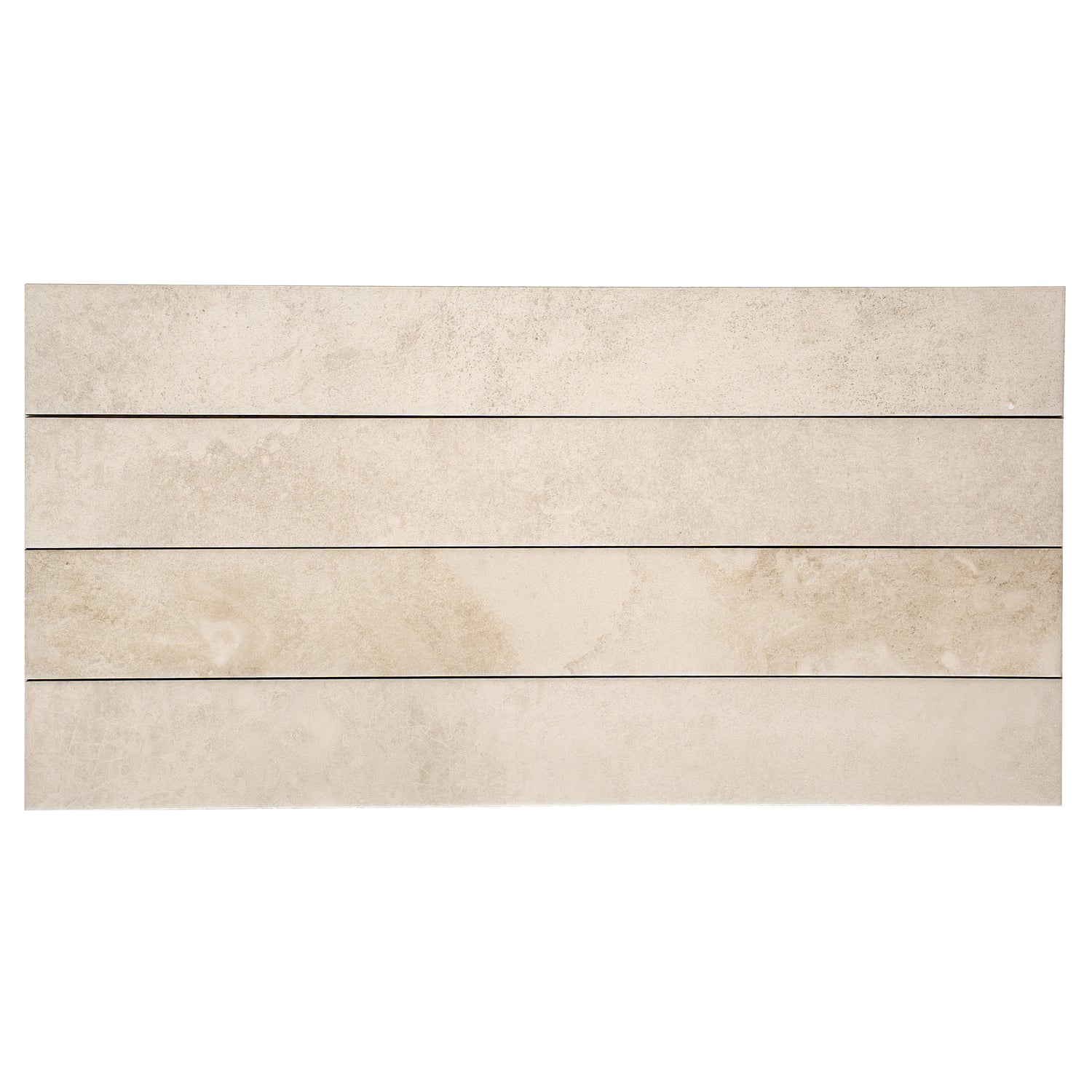 Soft taupe matte porcelain plank tiles in 3x24 size with subtle texture and beige tones