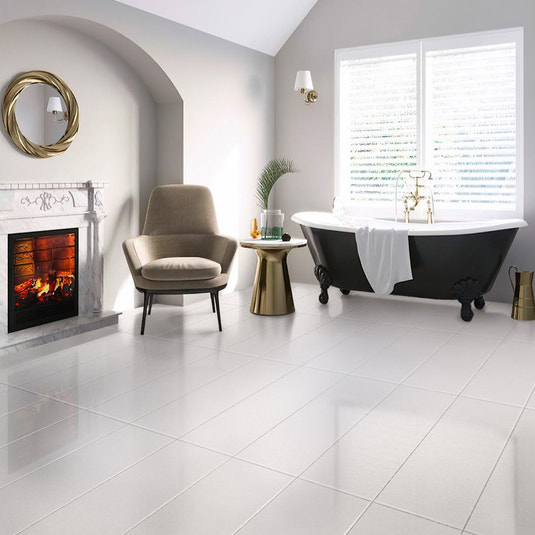 White satin ceramic rectangular floor tile 12x36 inches installed in bathroom environment