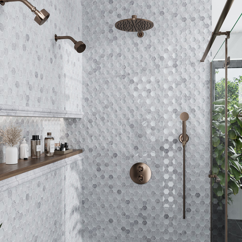 White 12x12 Polished Etched Hexagon Glass Marble Mosaic Tile (5 pack, 4.92 sq ft/case) - Sample