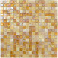 Glossy white and gold glass mosaic tile sheet with uniform square tiles in warm metallic hues