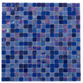 Glossy blue glass mosaic tile sheet with varied blue shades and iridescent accents