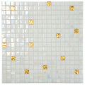 12x12 glossy white glass mosaic tile sheet with scattered gold square accents for wall and floor