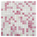 Glossy white and soft pink square glass mosaic tile sheet with uniform pattern