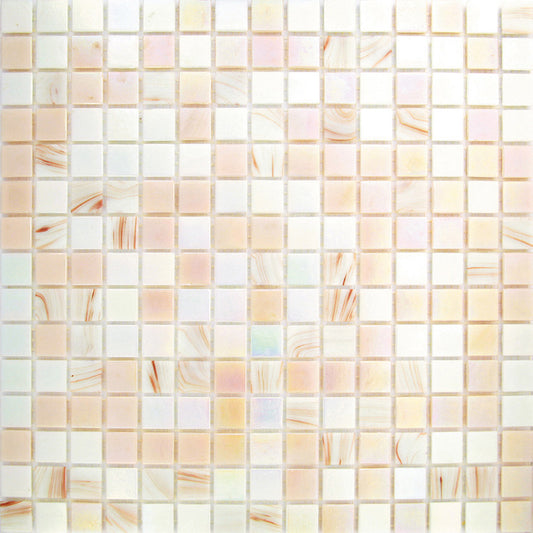 Glossy Tuscan beige glass mosaic tile with mixed solid and marbled square pieces 12x12