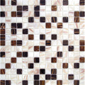Glossy beige and brown 12x12 glass mosaic tiles with swirled patterns for wall and floor