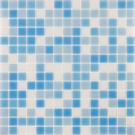 Glossy sky blue and white glass mosaic tile in uniform 12x12 square pattern for wall and floor
