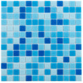 Glossy blue and white 12x12 glass mosaic tile sheet with varying blue shades