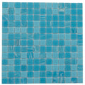 Glossy arctic blue 12x12 glass mosaic tile sheet with uniform square tiles in vibrant coastal blue shades