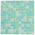 Glossy baby blue and teal glass mosaic tiles in 12x12 sheet with square pattern for walls and floors