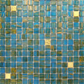 Glossy 12x12 glass mosaic tile with blue and yellow square patterns for wall and floor