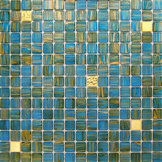 Glossy 12x12 glass mosaic tile with blue and yellow square patterns for wall and floor