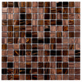 Glossy brown and yellow glass mosaic tiles with uniform square shapes and varied amber and chocolate shades
