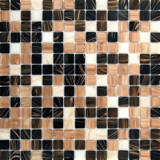 Glossy brown and beige glass mosaic tile square pattern with varied wood and stone textures