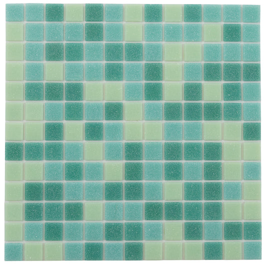 Glossy square glass mosaic tiles in varying shades of green and turquoise on 12x12 sheet