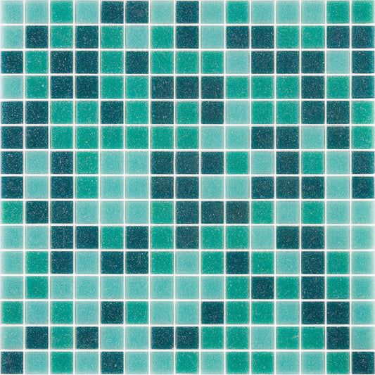 Glossy Persian green glass mosaic tile sheet with square tiles in varying green shades for walls and floors