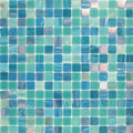 Glossy blue green glass mosaic tile with uniform square pattern and mixed hues for wall and floor