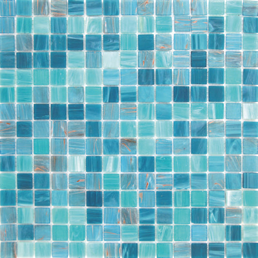 Glossy turquoise green square glass mosaic tiles with subtle marbled blue and green tones