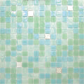 Glossy light aqua green glass mosaic tiles with small square shape and varied texture accents