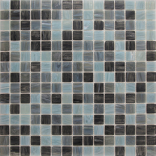 12x12-inch glossy mosaic tile sheet with mixed dark gray and blue square glass tiles for walls and floors