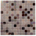 Glossy crepe pink glass mosaic tile sheet with varied square tiles in soft pink and brown shades