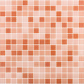 Glossy peach pink uniform square glass mosaic tile sheet with a mix of light and darker peach tones