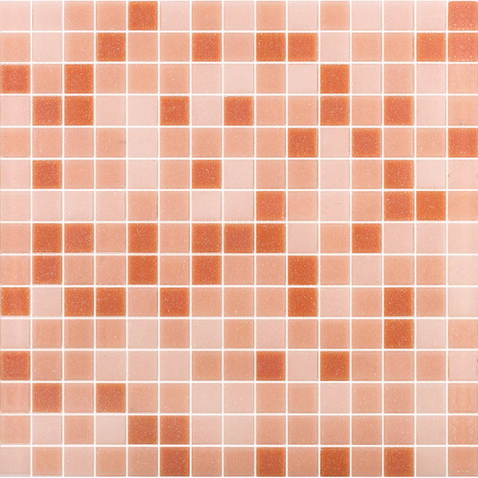 Glossy peach pink uniform square glass mosaic tile sheet with a mix of light and darker peach tones
