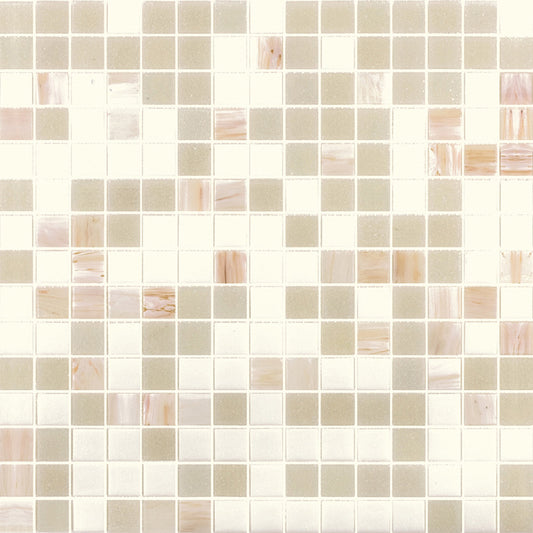 Glossy white and beige square glass mosaic tile with subtle variations and smooth finish