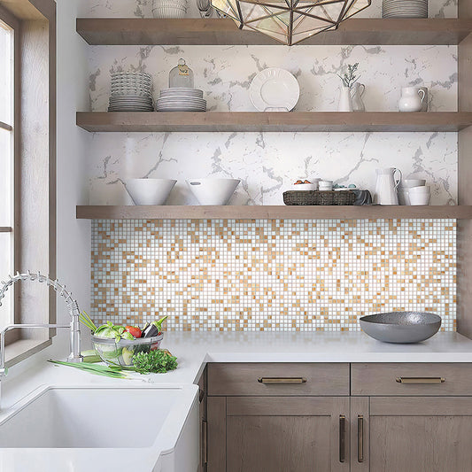 glossy white and beige glass mosaic square tiles 12x12 backsplash kitchen wall