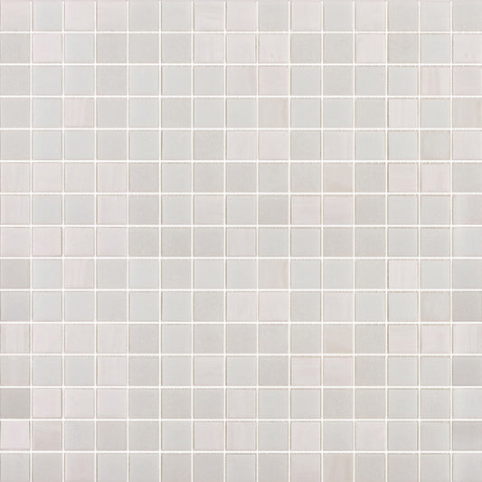 Glossy pearl white 12x12 square glass mosaic tile sheet with uniform small tiles and light grout