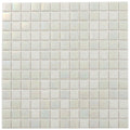 Glossy cotton white 12x12 glass mosaic tile sheet with small square tiles and smooth surface
