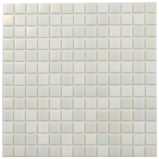Glossy cotton white 12x12 glass mosaic tile sheet with small square tiles and smooth surface