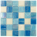 Glossy blue and white 12x12 glass mosaic tile sheet with uniform square tiles and mixed shades