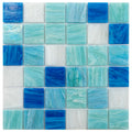 Glossy blue and green glass mosaic tiles arranged in a square grid for wall and floor use