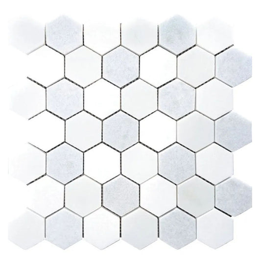 Nubes 11.8 in. x 11.8 in. Polished Pure White and Soft Blue Marble Mosaic Hexagon Wall and Floor Tile (4.83 sq ft/case) - 5 Pack